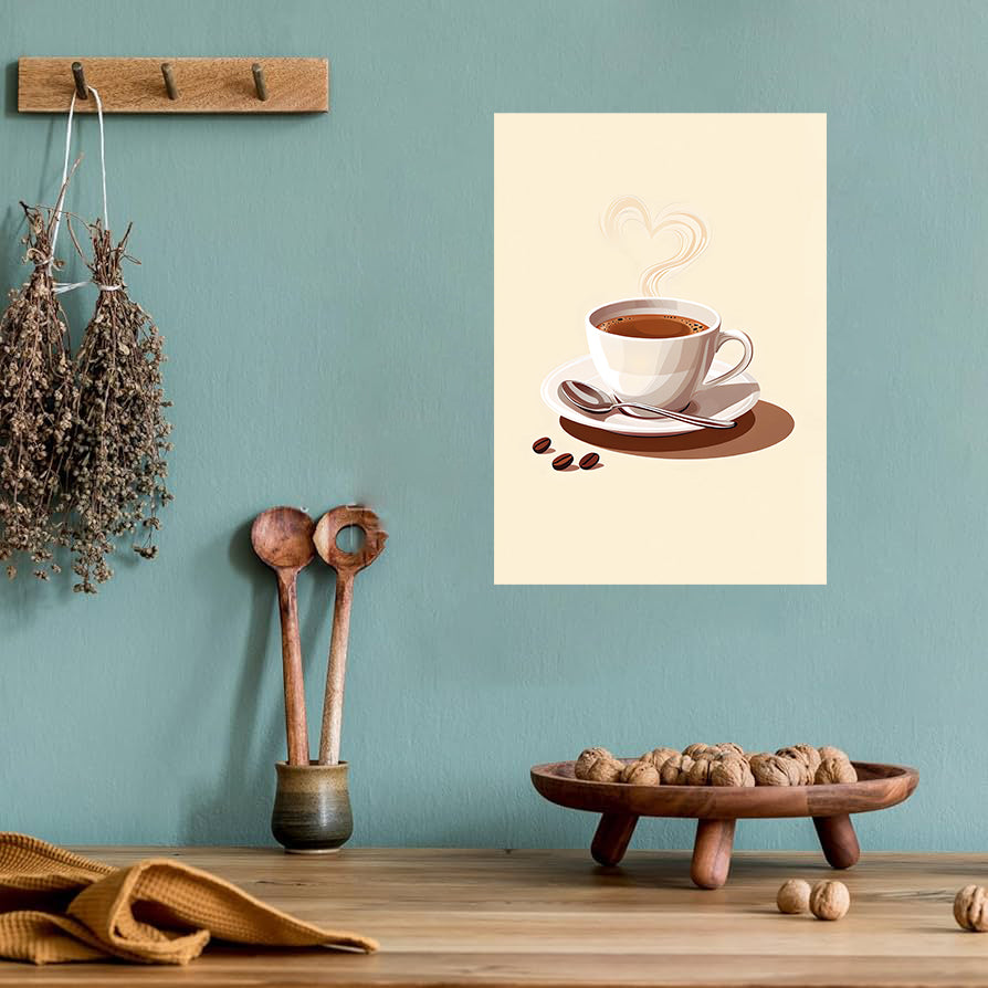 Charming cup of coffee wall art print featuring a steaming coffee cup with latte art, perfect for kitchen and coffee bar decor digital download
