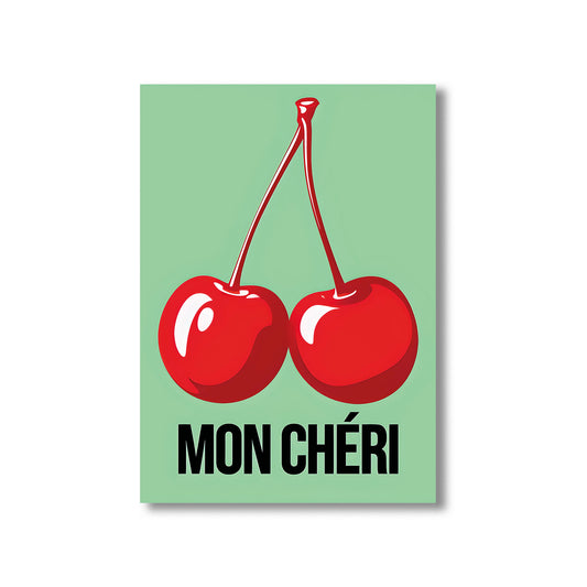 Cherry Mon Cheri wall art print featuring vibrant red cherries with green leaves, perfect for kitchen and dining room decor digital download
