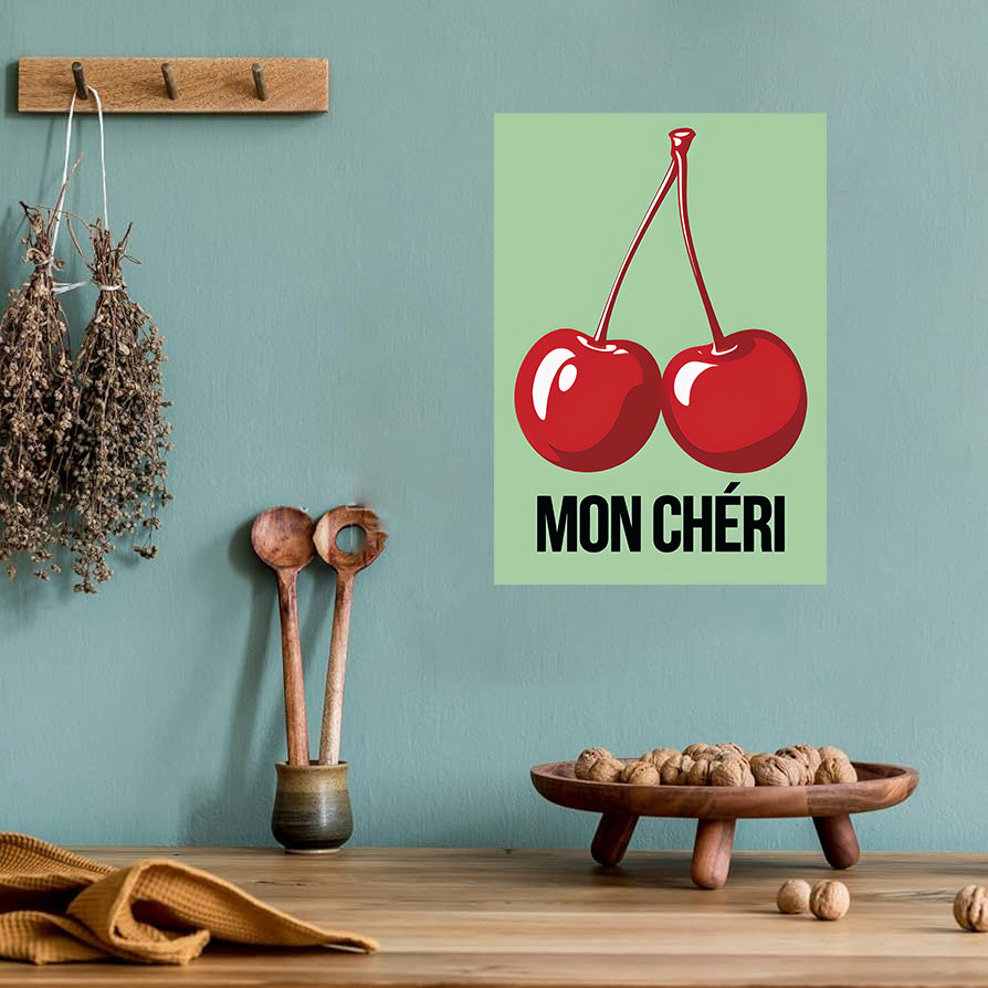 Cherry Mon Cheri wall art print featuring vibrant red cherries with green leaves, perfect for kitchen and dining room decor digital download