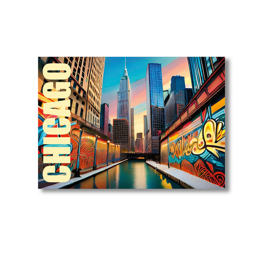 Urban graffiti-style wall art print of Chicago featuring vibrant spray paint effects, iconic skyline elements, and dynamic street art details — ideal for digital download, urban decor, cityscape art, and Chicago-inspired home accents.