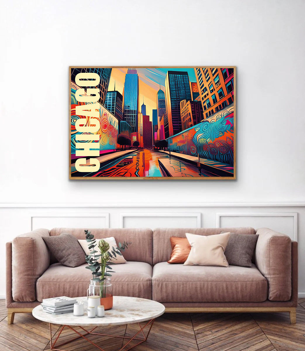 Urban graffiti-style wall art print of Chicago featuring vibrant spray paint effects, iconic skyline elements, and dynamic street art details — ideal for digital download, urban decor, cityscape art, and Chicago-inspired home accents.