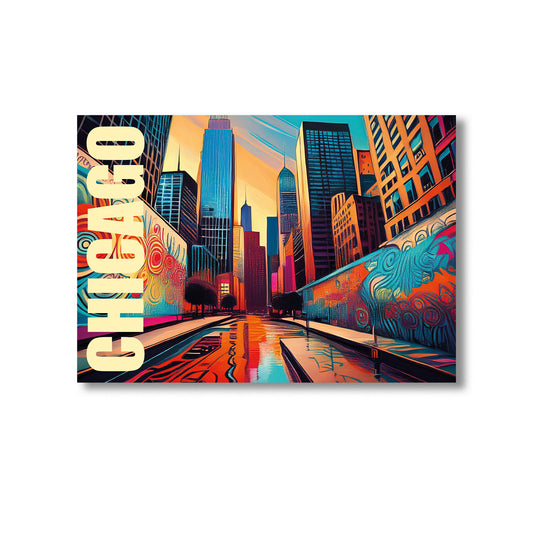 Urban graffiti-style wall art print of Chicago featuring vibrant spray paint effects, iconic skyline elements, and dynamic street art details — ideal for digital download, urban decor, cityscape art, and Chicago-inspired home accents.