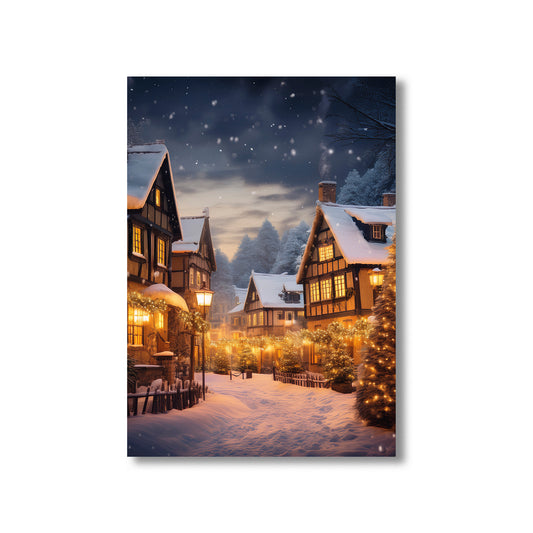 Snowy Village at Night Christmas Card – cozy European village blanketed in snow with glowing windows and twinkling holiday lights