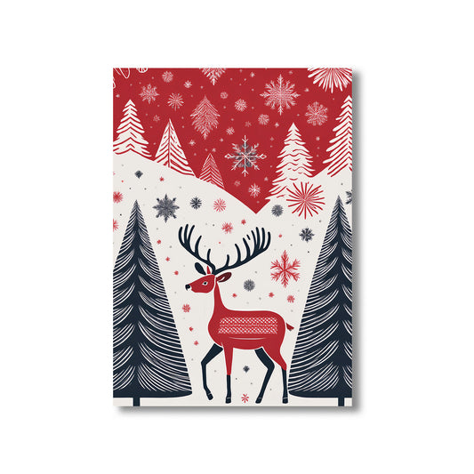 Scandinavian Christmas Card – Nordic red, white, and grey holiday patterns with reindeer, snowflakes, and pine trees
