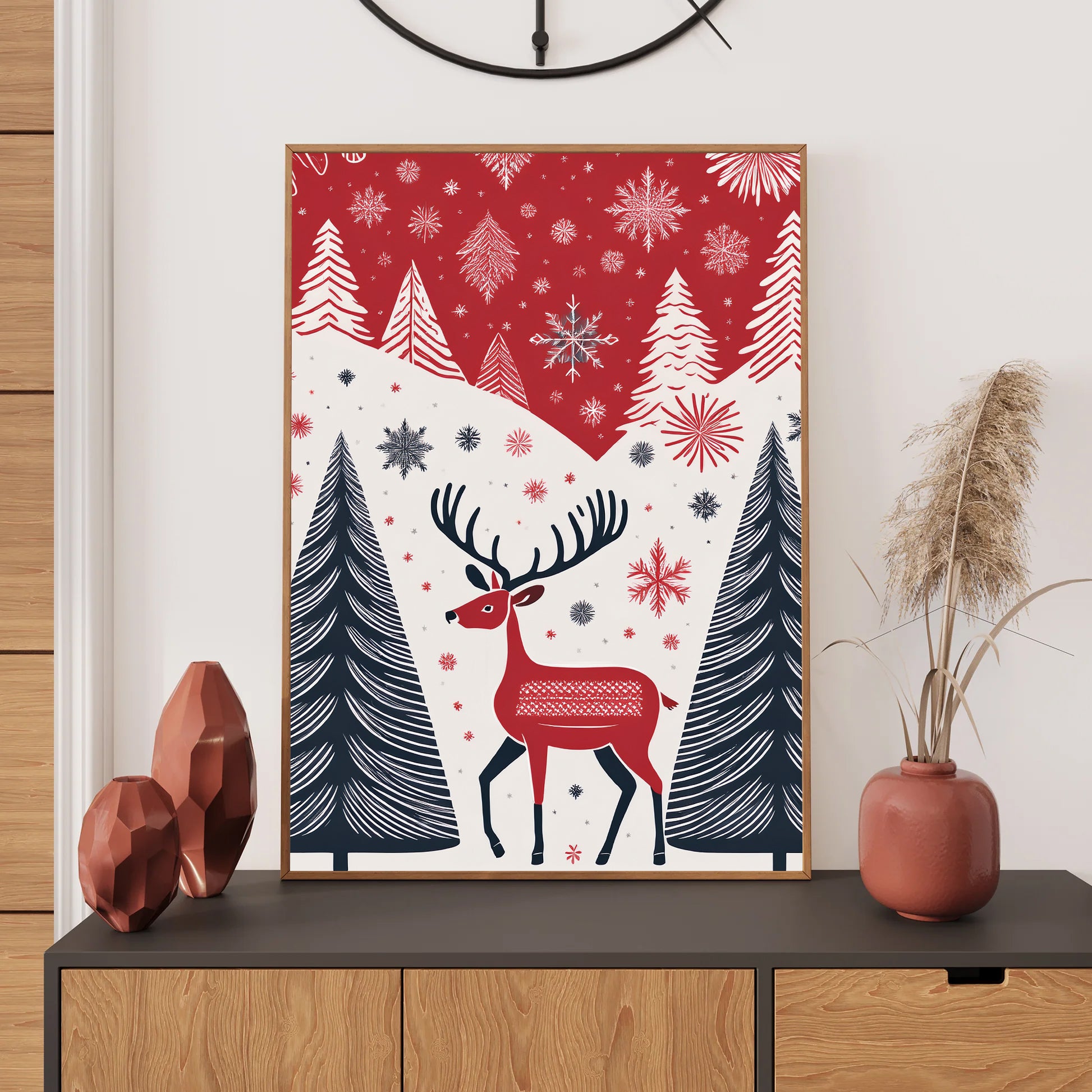 Scandinavian Christmas Card – Nordic red, white, and grey holiday patterns with reindeer, snowflakes, and pine trees