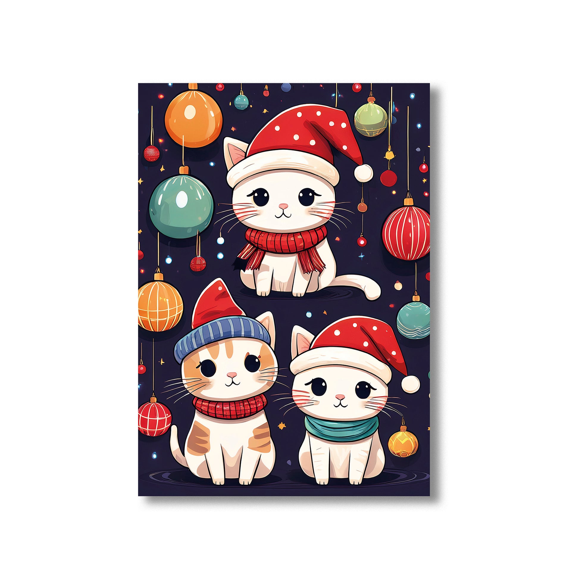 Cute Cats Christmas Card – playful cats wearing Santa hats and scarves in festive winter scene