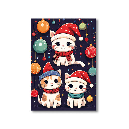 Cute Cats Christmas Card – playful cats wearing Santa hats and scarves in festive winter scene