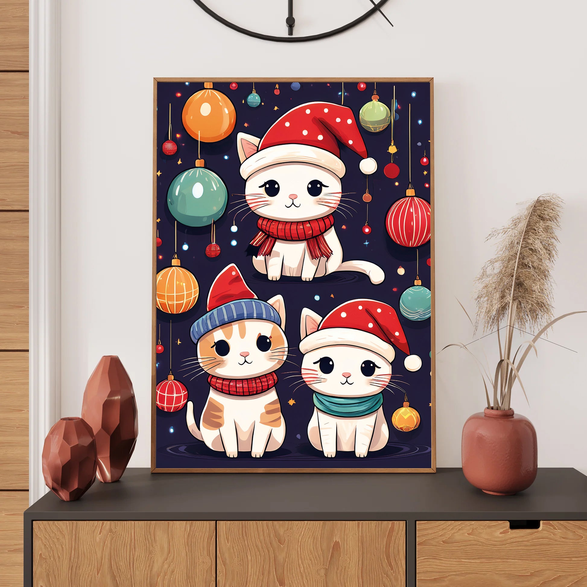 Cute Cats Christmas Card – playful cats wearing Santa hats and scarves in festive winter scene