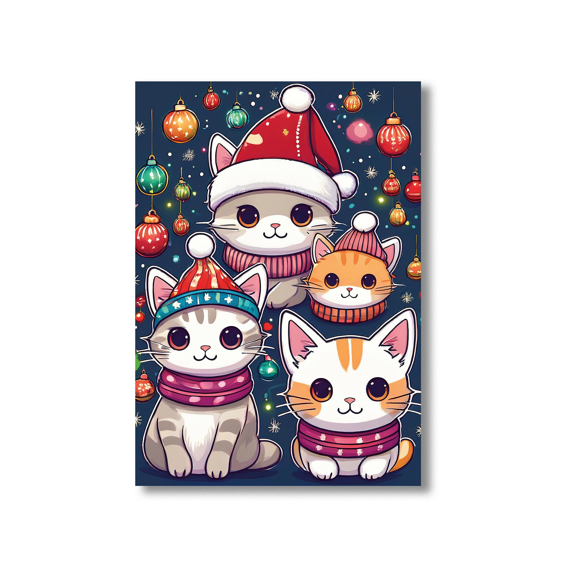 Cute Cats Christmas Card – playful cats wearing Santa hats and scarves in festive winter scene