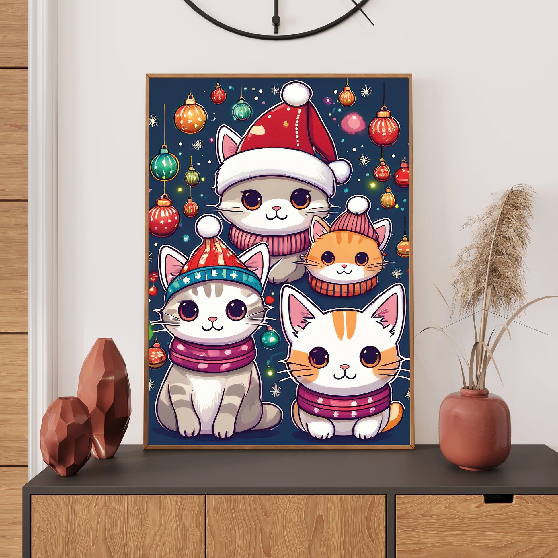 Cute Cats Christmas Card – playful cats wearing Santa hats and scarves in festive winter scene