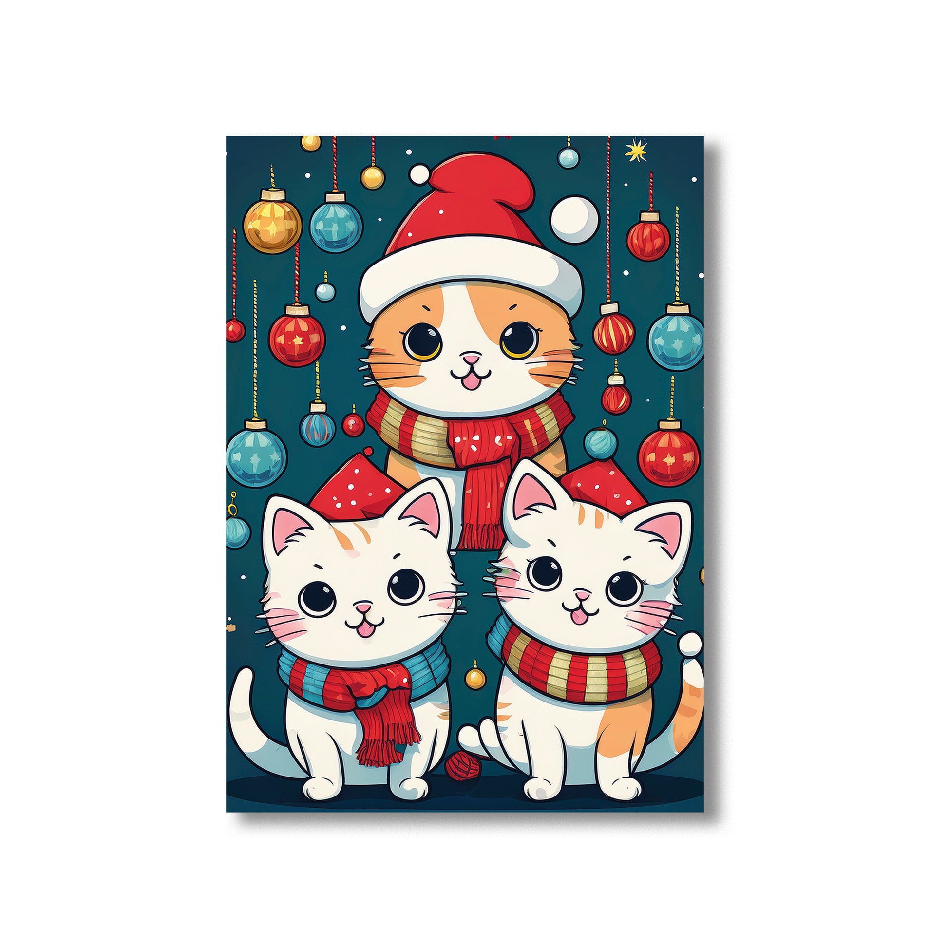 Cute Cats Christmas Card – playful cats wearing Santa hats and scarves in festive winter scene