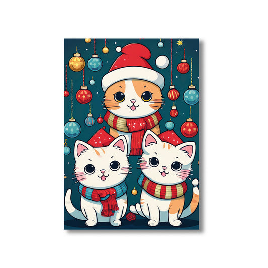 Cute Cats Christmas Card – playful cats wearing Santa hats and scarves in festive winter scene