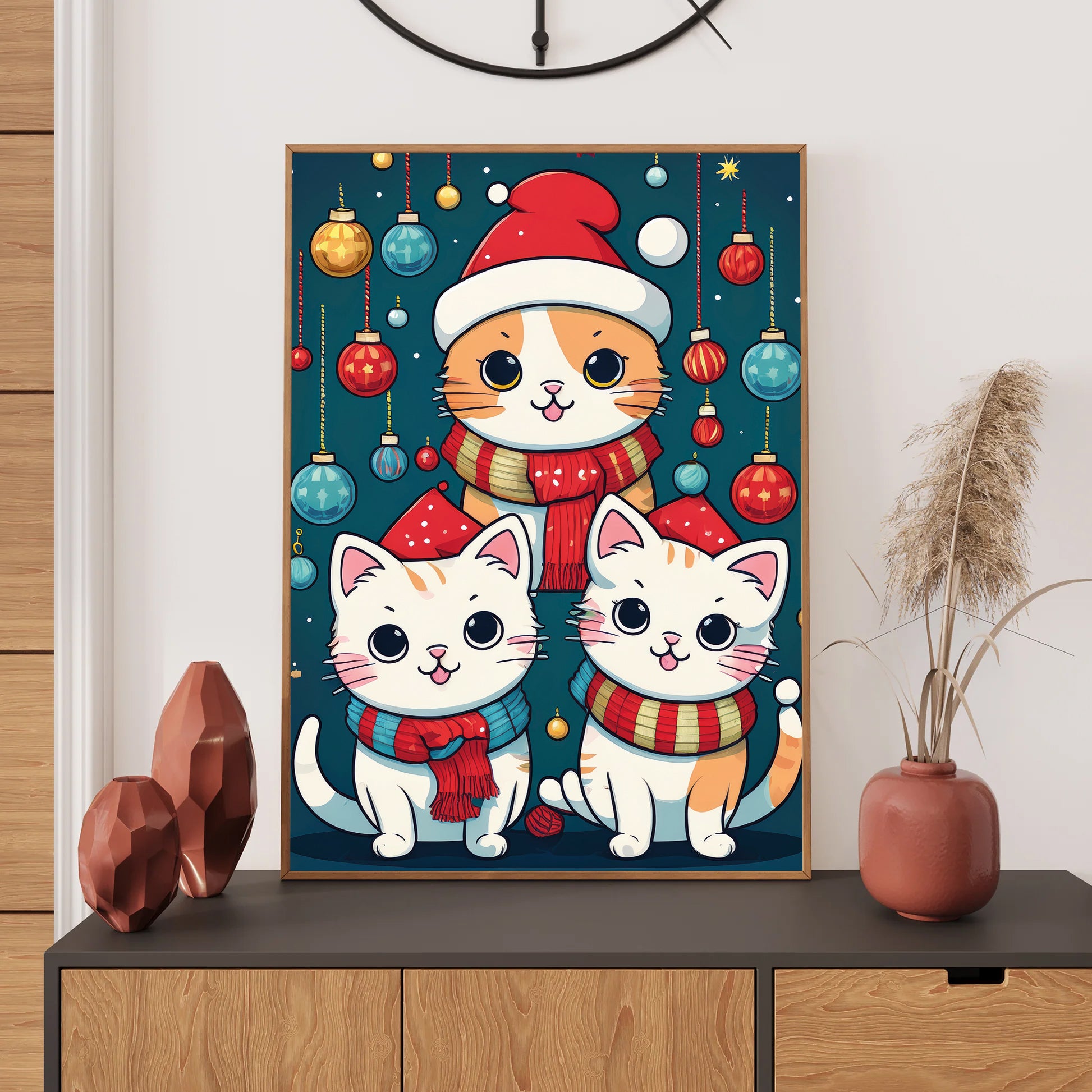 Cute Cats Christmas Card – playful cats wearing Santa hats and scarves in festive winter scene