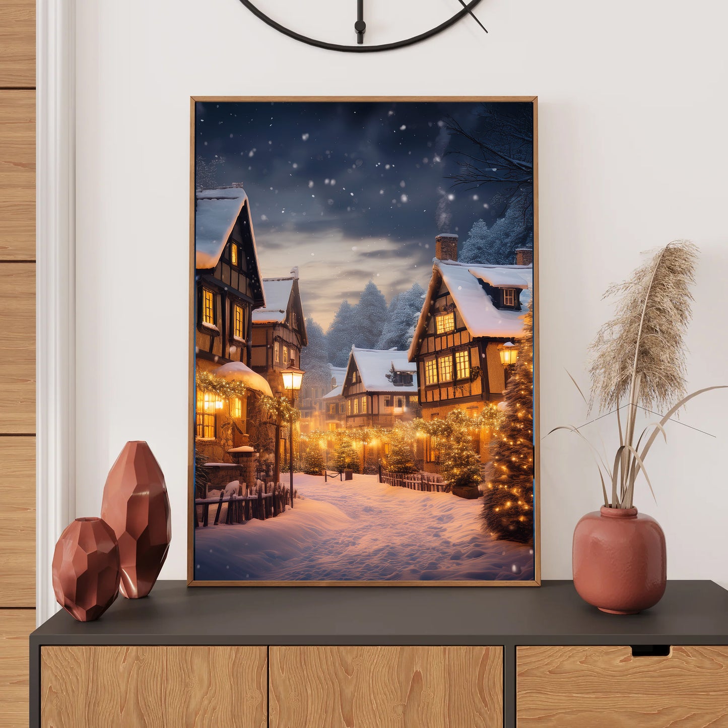 Snowy Village at Night Christmas Card – cozy European village blanketed in snow with glowing windows and twinkling holiday lights