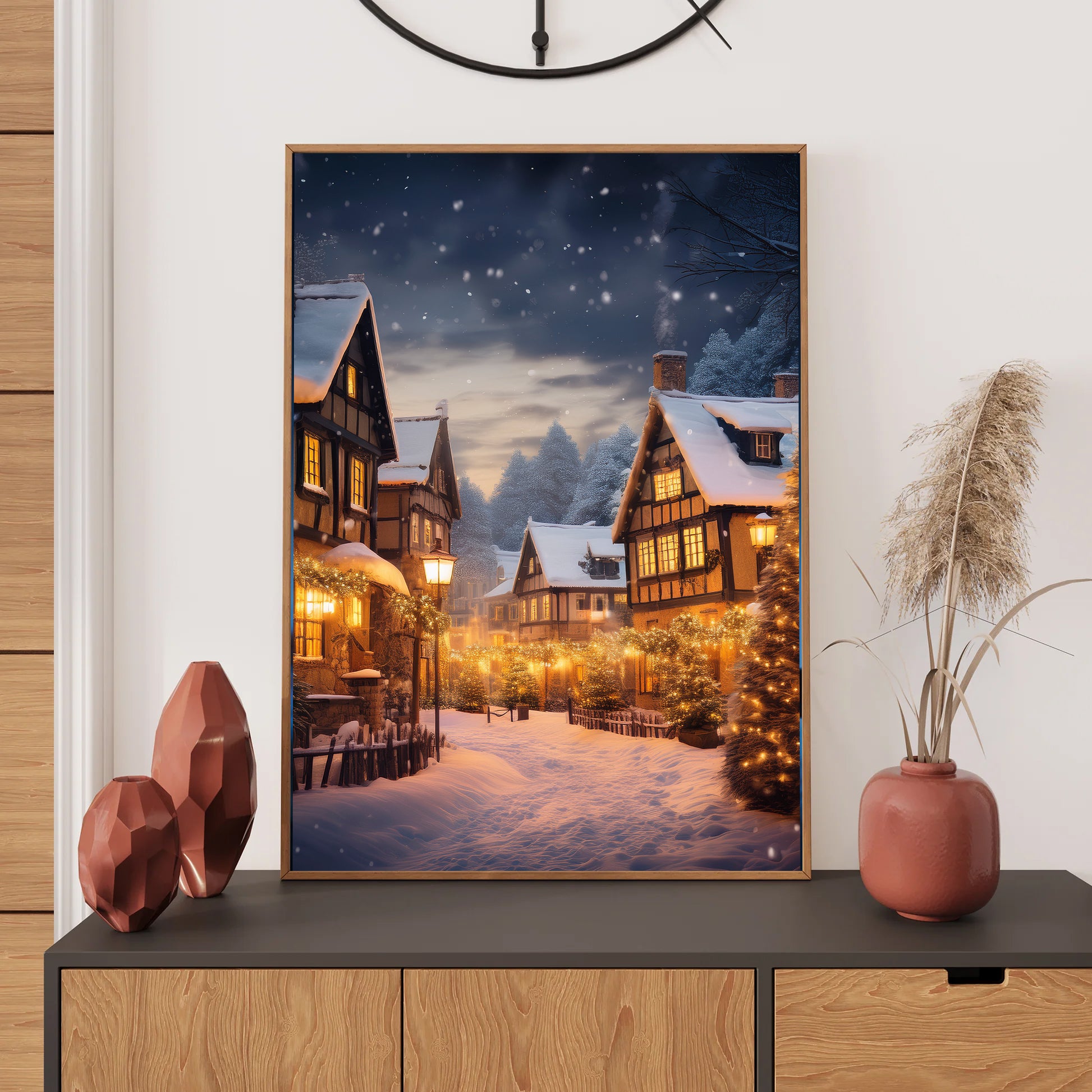 Snowy Village at Night Christmas Card – cozy European village blanketed in snow with glowing windows and twinkling holiday lights