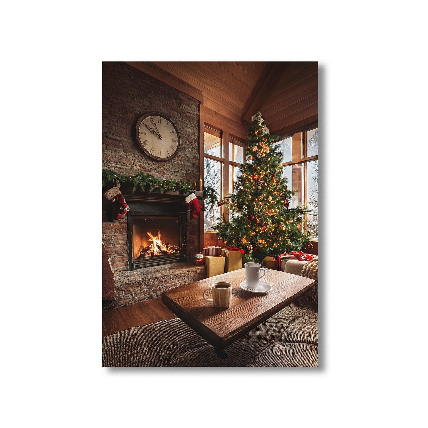 Cozy Fireplace and Christmas Tree Holiday Card – warm glowing fire, decorated tree, and stockings for festive holiday charm