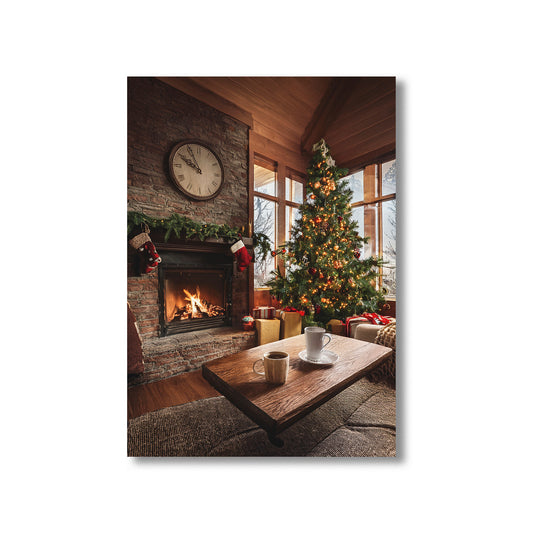 Cozy Fireplace and Christmas Tree Holiday Card – warm glowing fire, decorated tree, and stockings for festive holiday charm