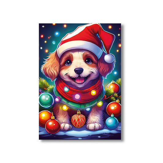 Cute Puppy Christmas Card – adorable puppy wearing Santa hat surrounded by festive holiday decorations
