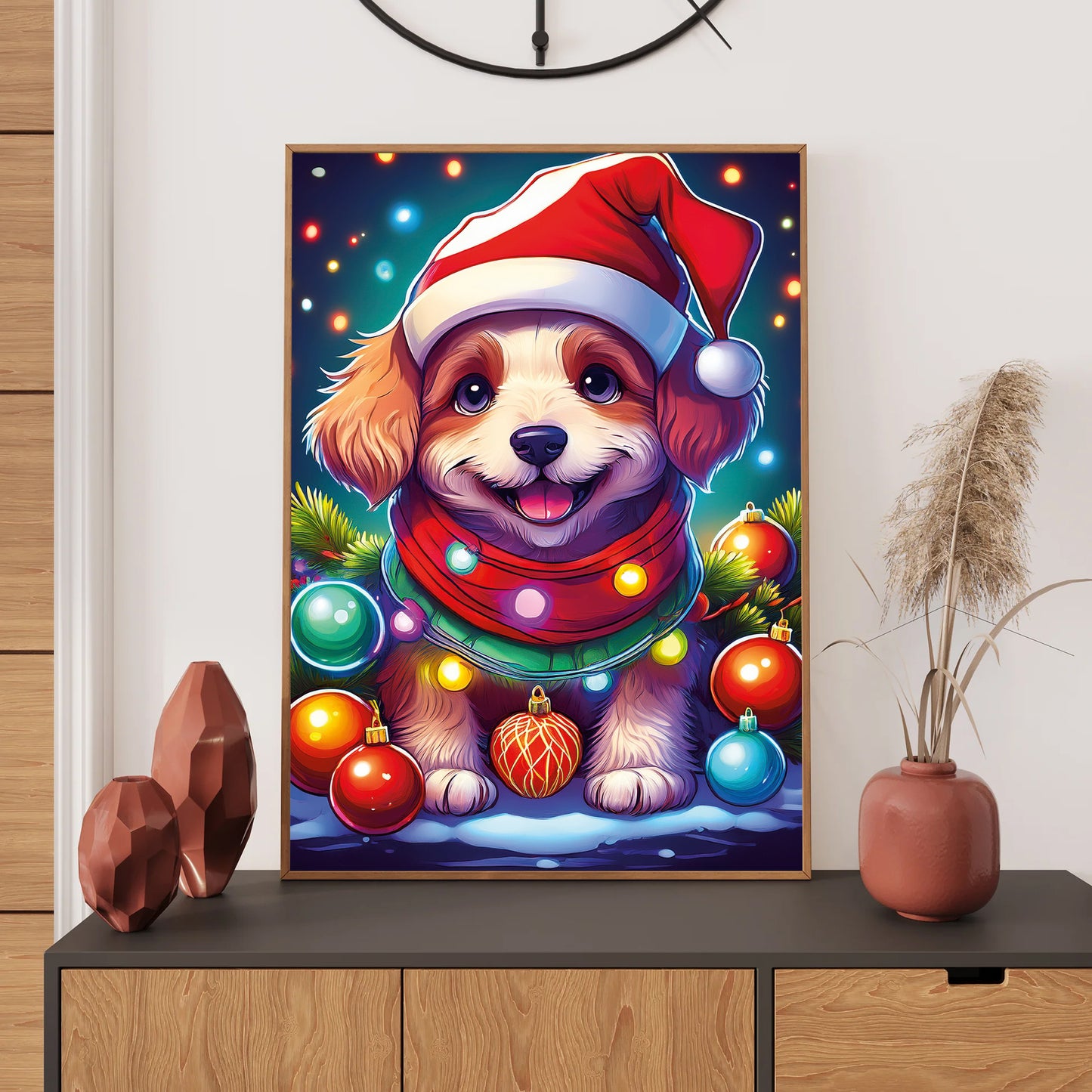 Cute Puppy Christmas Card – adorable puppy wearing Santa hat surrounded by festive holiday decorations