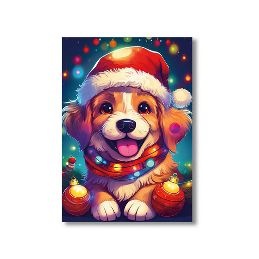Cute Puppy Christmas Card – adorable puppy wearing Santa hat surrounded by festive holiday decorations