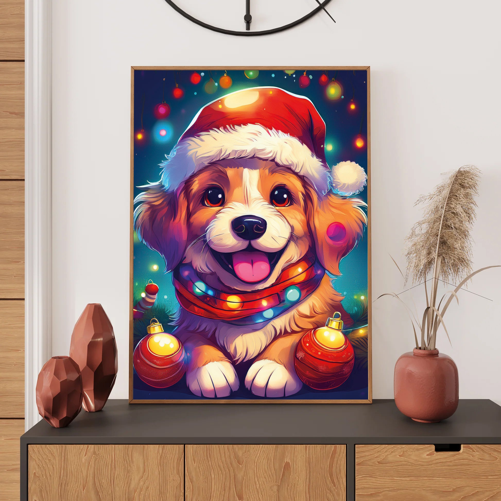 Cute Puppy Christmas Card – adorable puppy wearing Santa hat surrounded by festive holiday decorations
