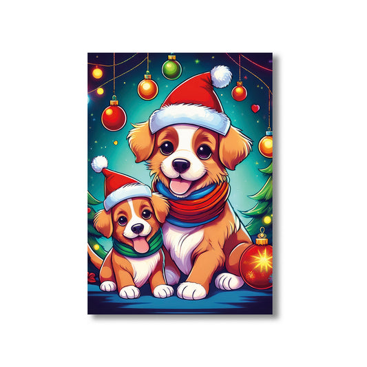 Cute Puppy Christmas Card – adorable puppy wearing Santa hat surrounded by festive holiday decorations