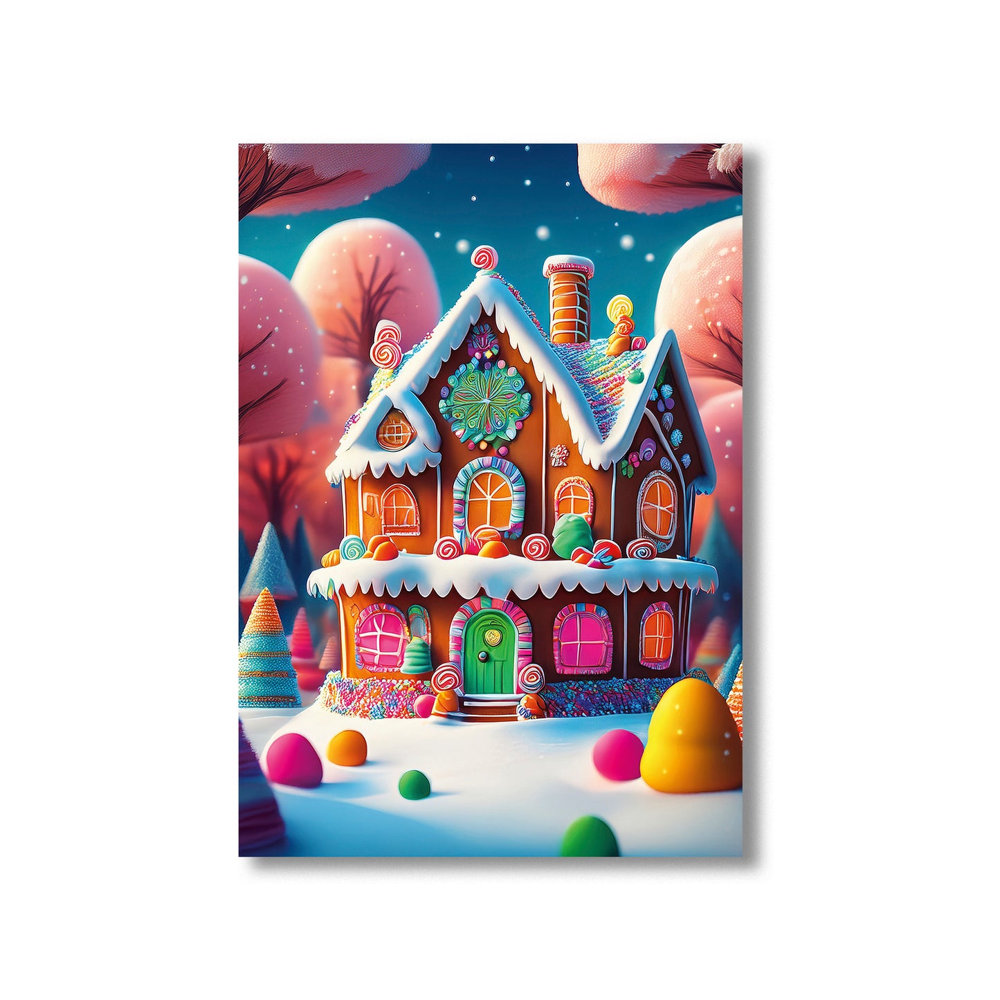 Candy-Colored Gingerbread Houses Christmas Card – colorful gingerbread homes with icing and candy in a snowy winter scene