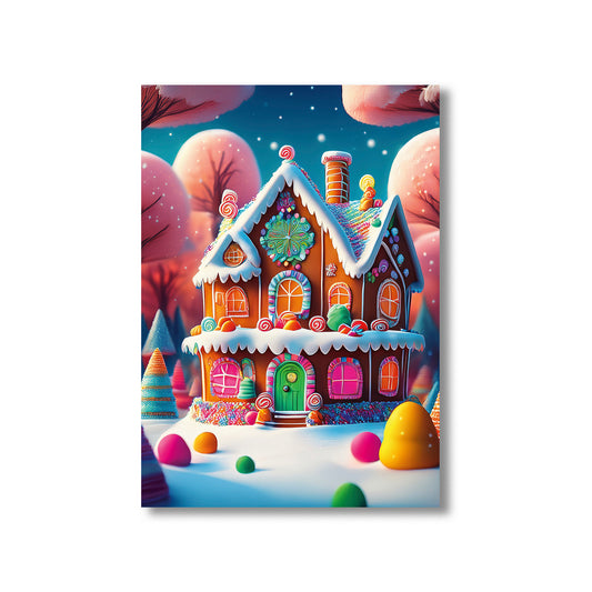 Candy-Colored Gingerbread Houses Christmas Card – colorful gingerbread homes with icing and candy in a snowy winter scene