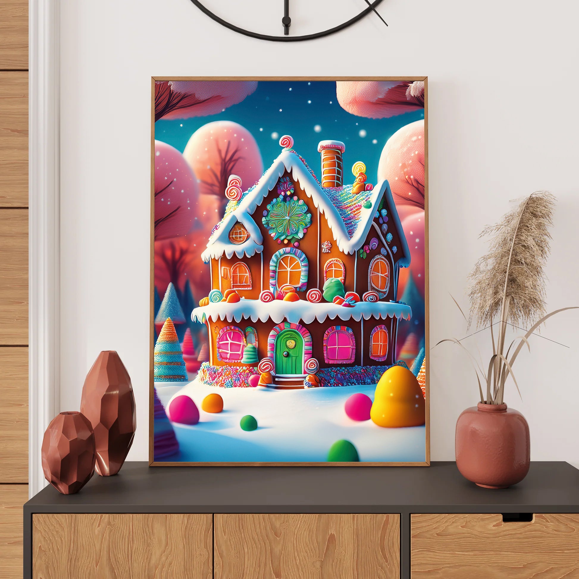 Candy-Colored Gingerbread Houses Christmas Card – colorful gingerbread homes with icing and candy in a snowy winter scene