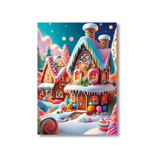 Candy-Colored Gingerbread Houses Christmas Card – colorful gingerbread homes with icing and candy in a snowy winter scene