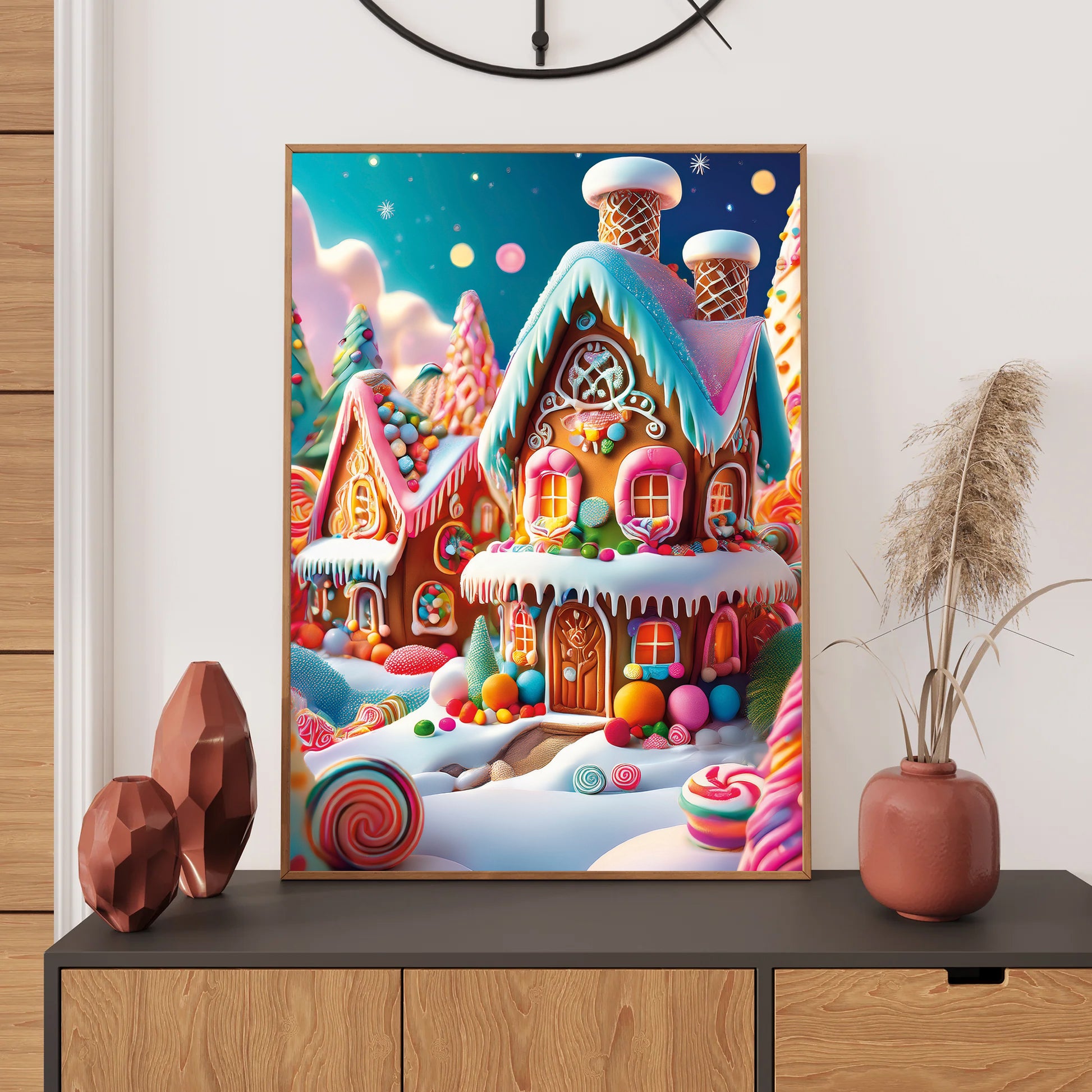 Candy-Colored Gingerbread Houses Christmas Card – colorful gingerbread homes with icing and candy in a snowy winter scene
