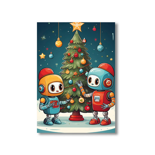 Cute Robot Christmas Card – cartoon robots decorating a Christmas tree in festive holiday scene