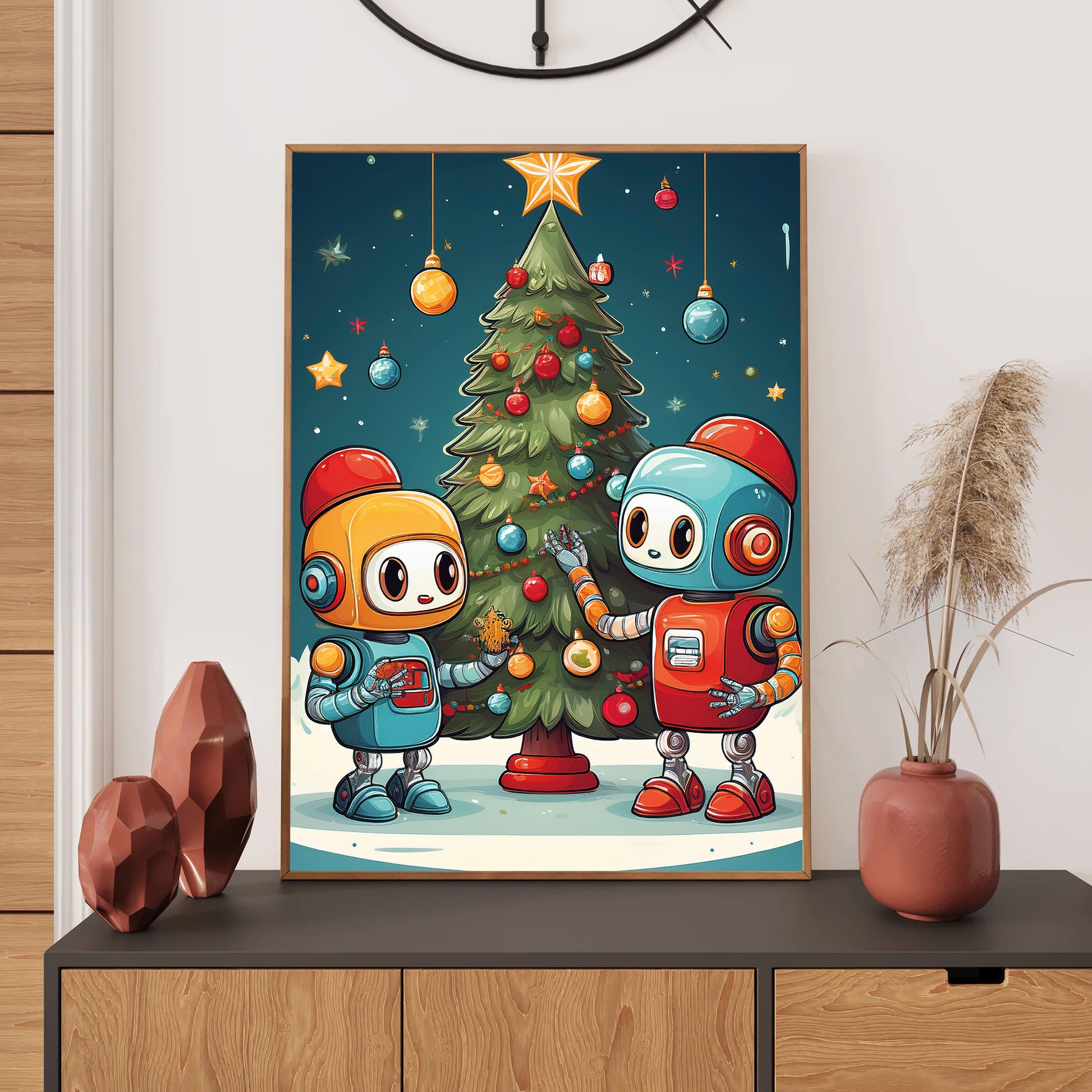Cute Robot Christmas Card – cartoon robots decorating a Christmas tree in festive holiday scene