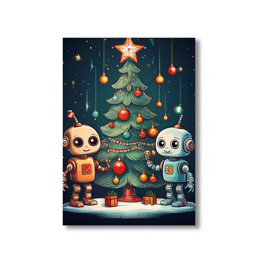 Cute Robot Christmas Card – cartoon robots decorating a Christmas tree in festive holiday scene