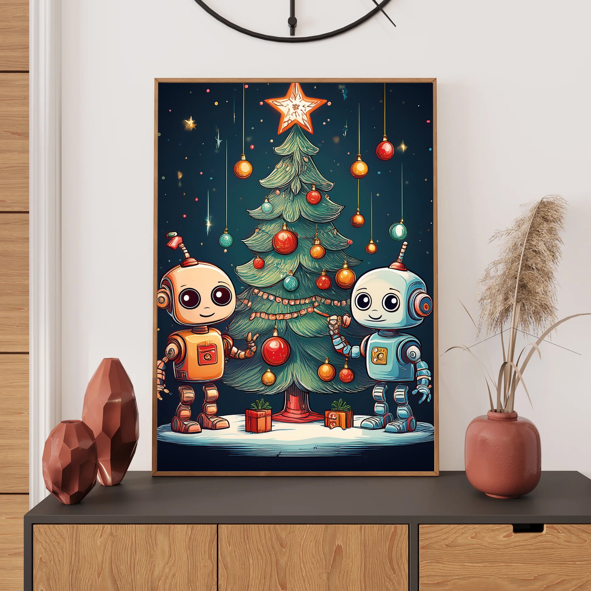 Cute Robot Christmas Card – cartoon robots decorating a Christmas tree in festive holiday scene
