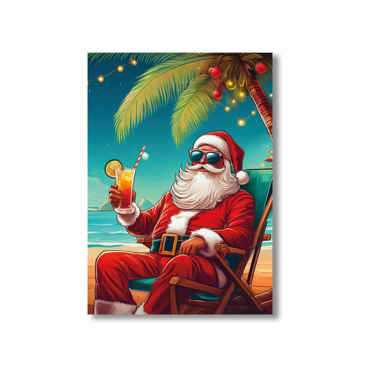 Santa Claus Christmas Card – Santa relaxing on sunny beach with cocktail in festive holiday scene
