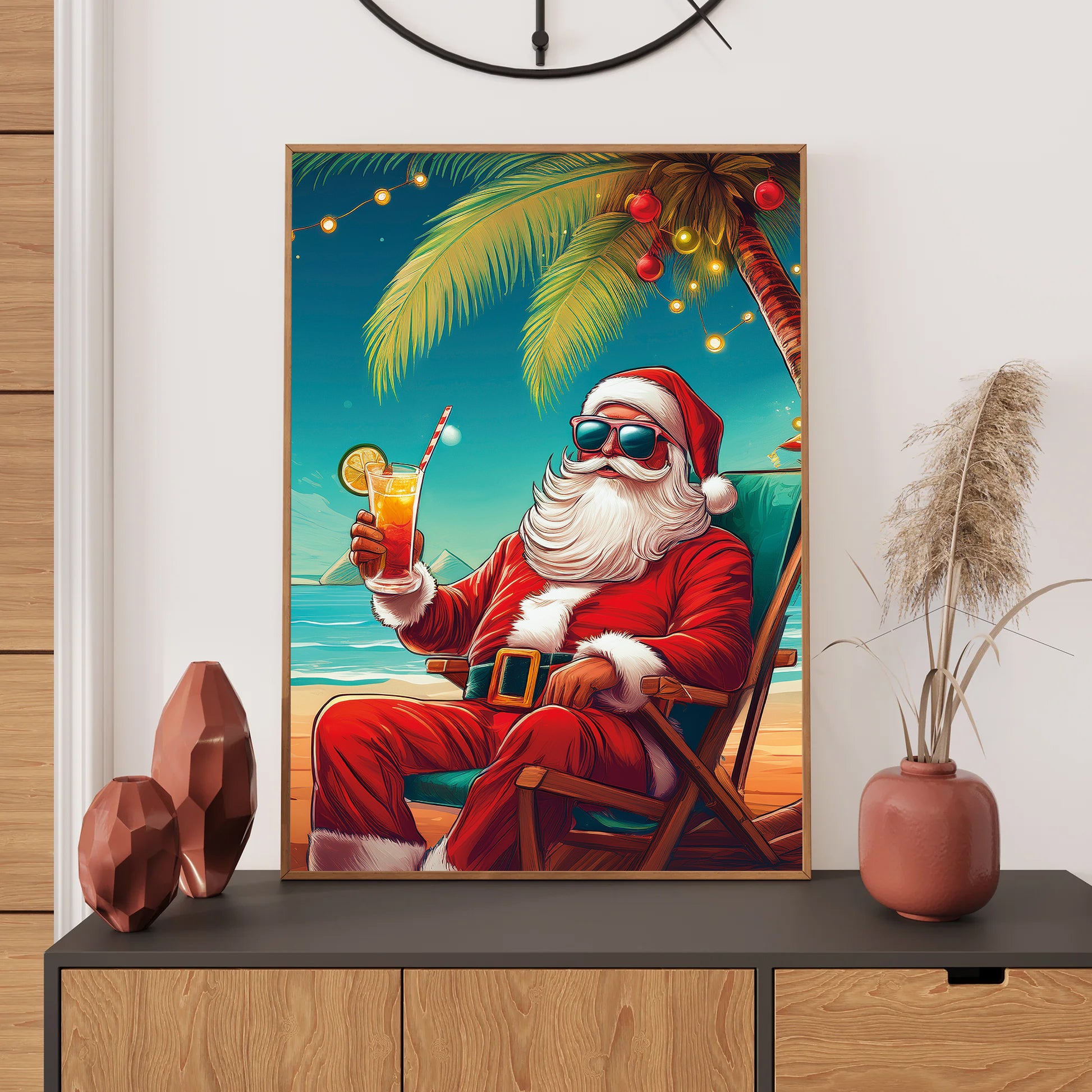 Santa Claus Christmas Card – Santa relaxing on sunny beach with cocktail in festive holiday scene