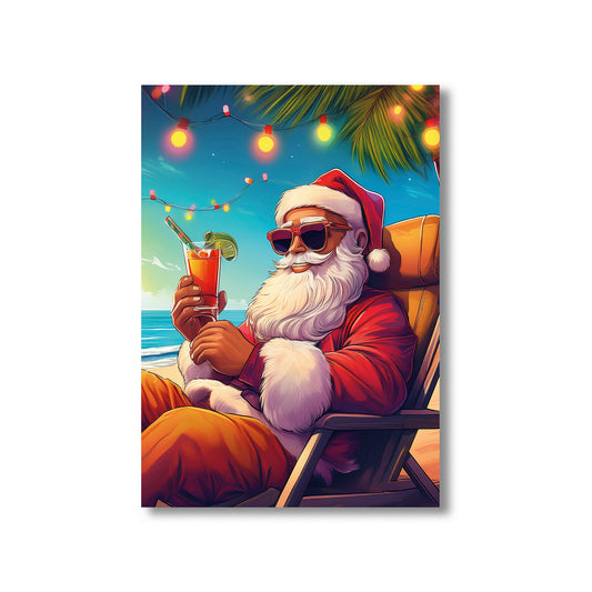 Santa Claus Christmas Card – Santa relaxing on sunny beach with cocktail in festive holiday scene
