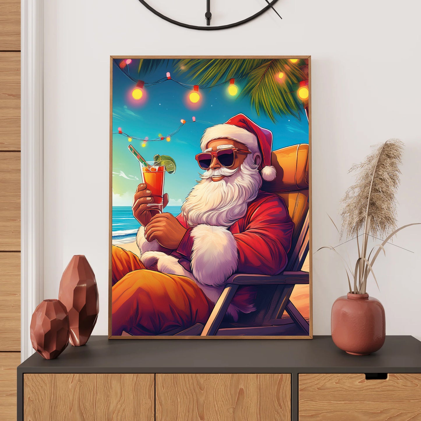 Santa Claus Christmas Card – Santa relaxing on sunny beach with cocktail in festive holiday scene