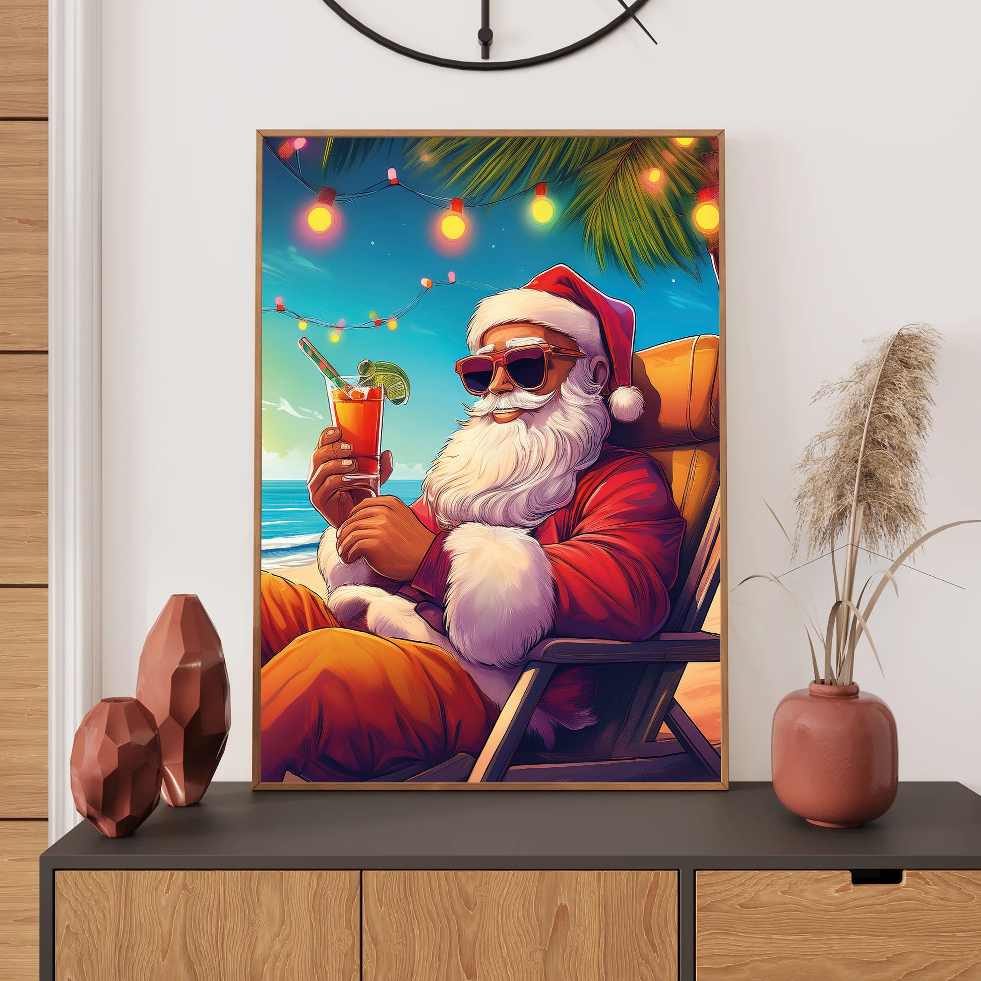 Santa Claus Christmas Card – Santa relaxing on sunny beach with cocktail in festive holiday scene