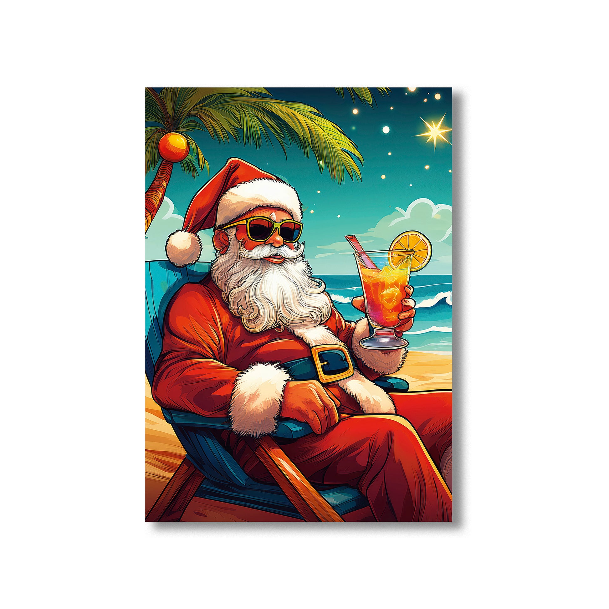 Santa Claus Christmas Card – Santa relaxing on sunny beach with cocktail in festive holiday scene