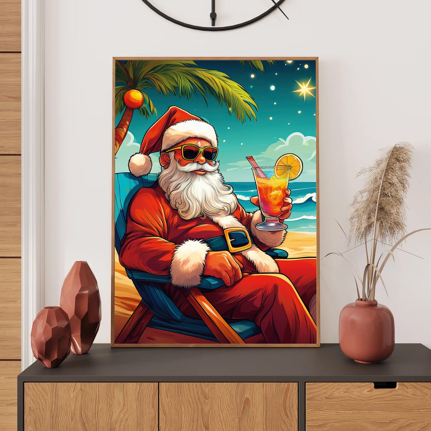Santa Claus Christmas Card – Santa relaxing on sunny beach with cocktail in festive holiday scene