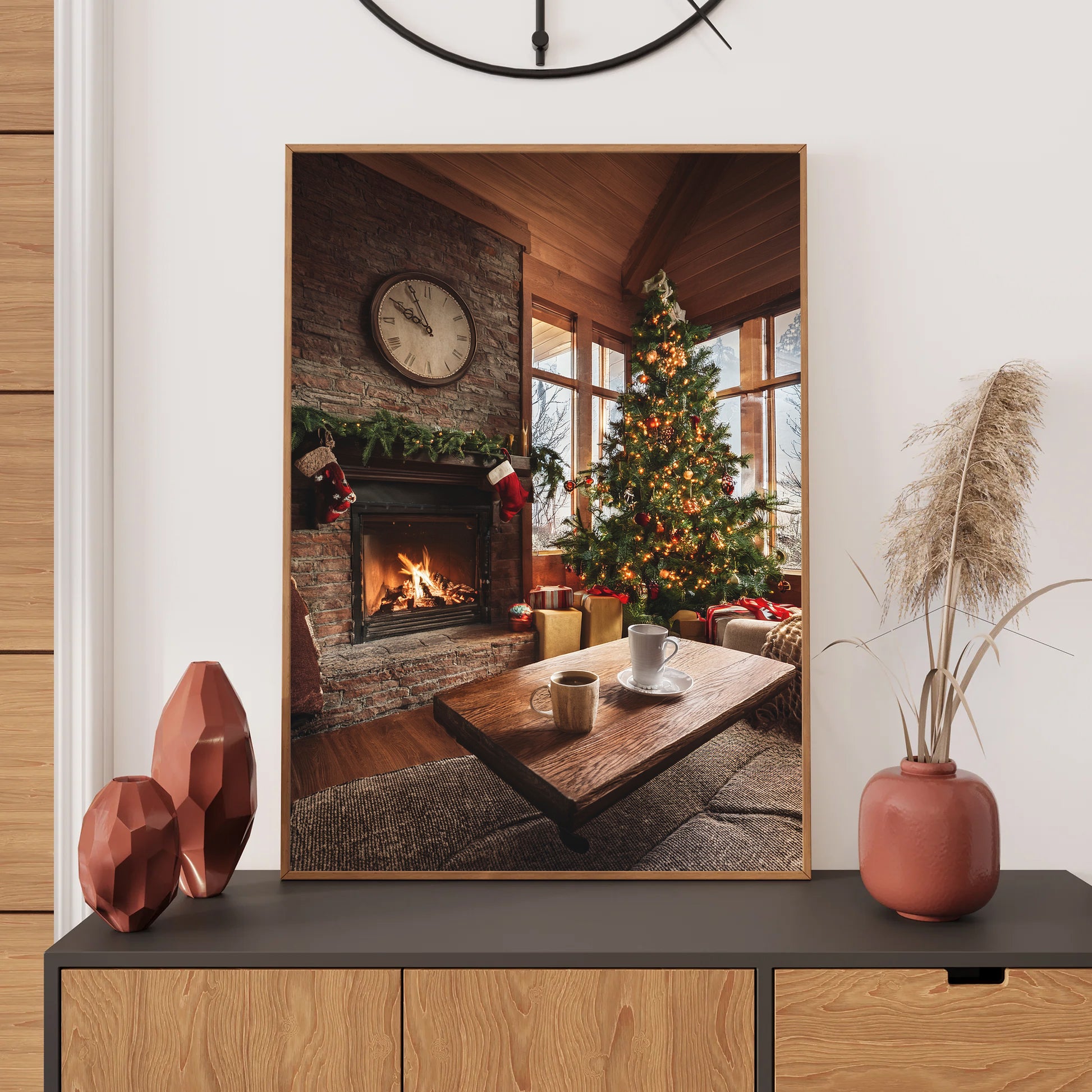 Cozy Fireplace and Christmas Tree Holiday Card – warm glowing fire, decorated tree, and stockings for festive holiday charm