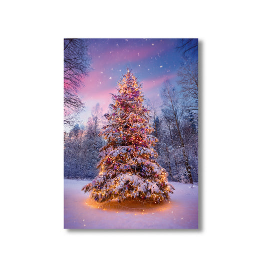 Snowy Forest Christmas Tree Card – glowing decorated tree with ornaments in a snowy winter forest