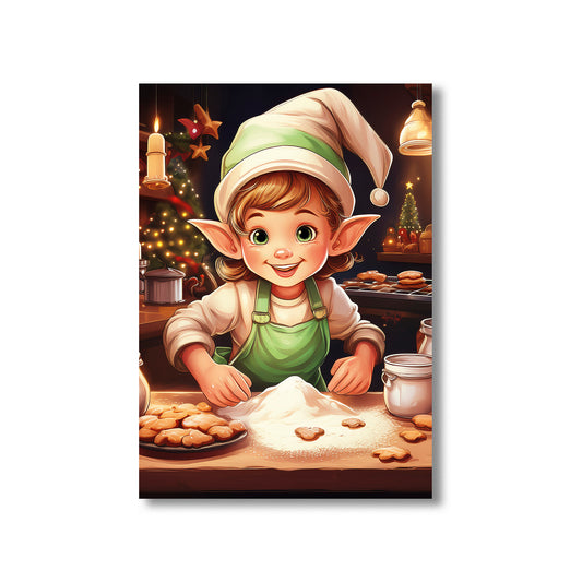 Tiny Elves Christmas Card – elves baking cookies in cozy holiday kitchen with festive decorations