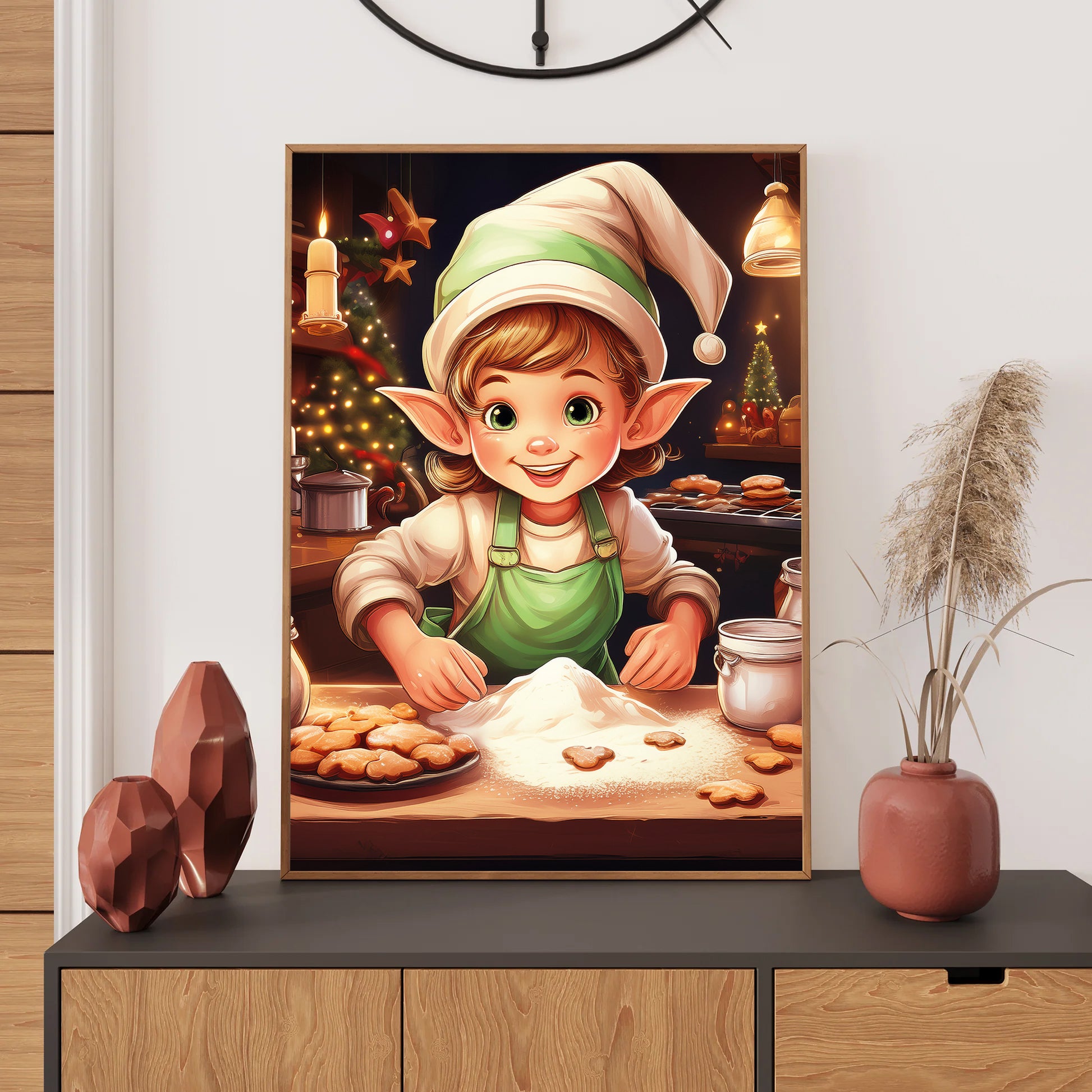 Tiny Elves Christmas Card – elves baking cookies in cozy holiday kitchen with festive decorations
