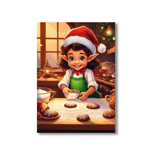 Tiny Elves Christmas Card – elves baking cookies in cozy holiday kitchen with festive decorations
