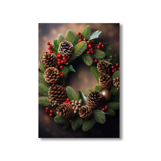 Elegant Christmas Wreath Card – detailed pinecone and greenery wreath in festive holiday style