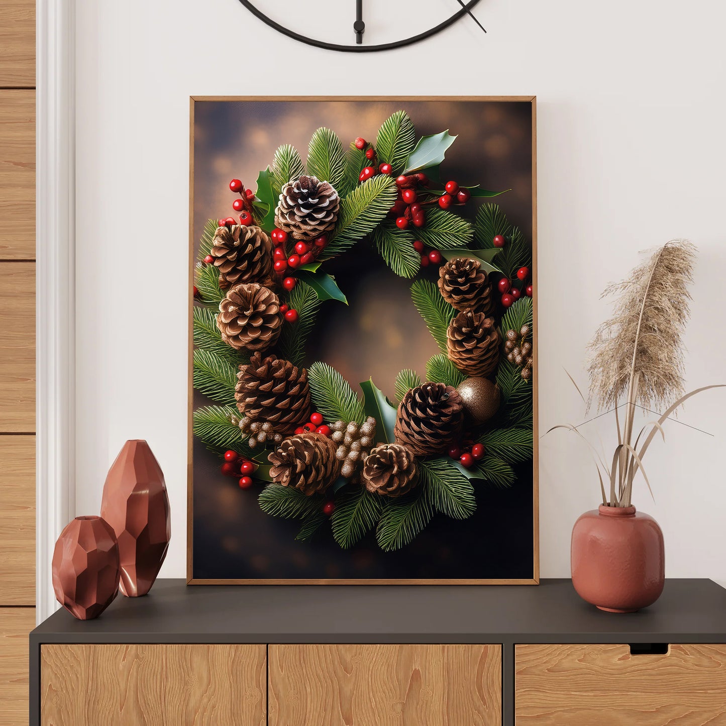 Elegant Christmas Wreath Card – detailed pinecone and greenery wreath in festive holiday style