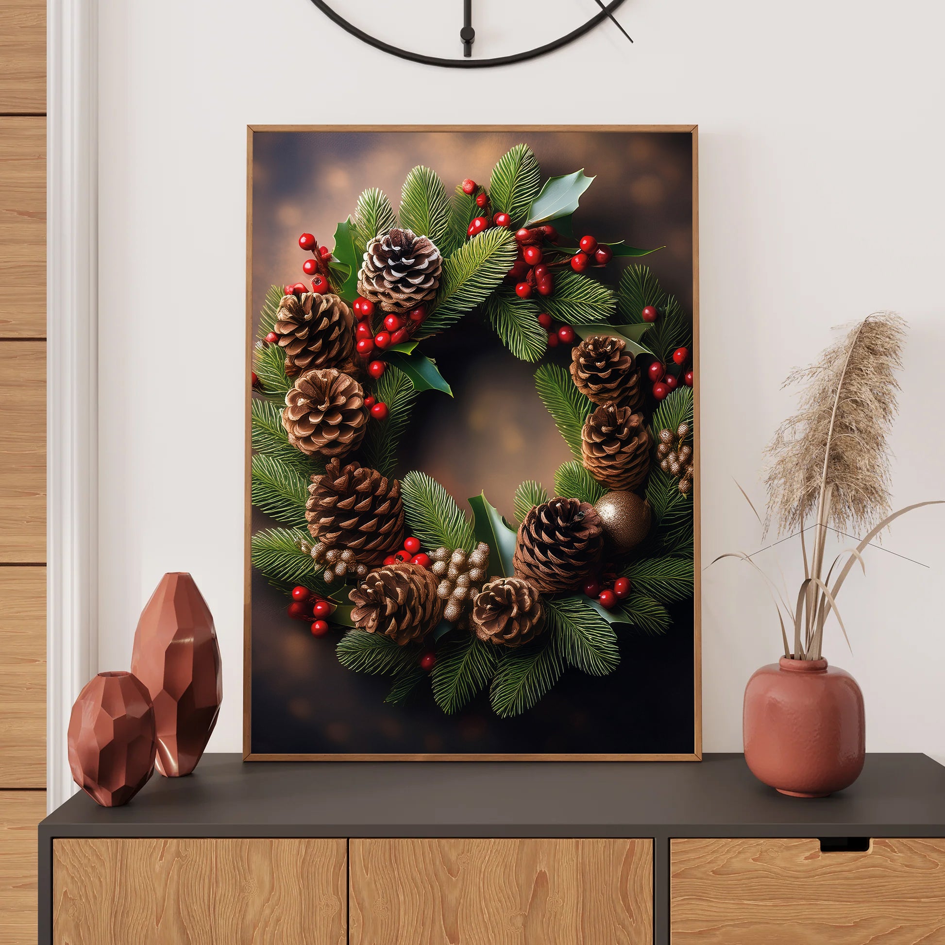 Elegant Christmas Wreath Card – detailed pinecone and greenery wreath in festive holiday style